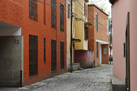 Coyoacan neighborhood, Mexico City.Colorful  houses in the Coyoacan neighborhood in Mexico City.  This is one of the most intersting places to visit in the capital of the Mexico.のeditorial素材