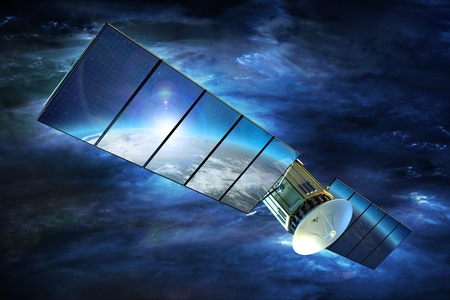 Television Signal Satellite with Large Solar Panels on Earth Orbit. 3D Render Illustration. Broadband Television Technology.の写真素材