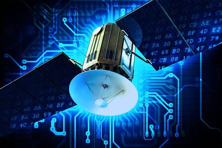 Satellite Technology Concept Illustration. Communication Satellite on Circuit Board Blue Technology Background.の写真素材