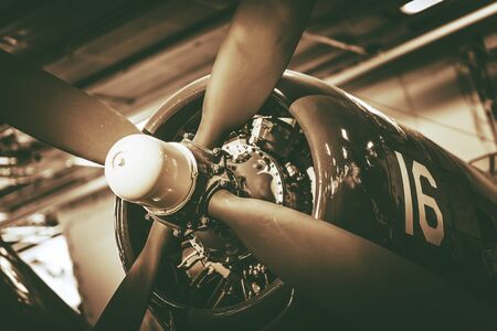 Vintage Military Aircraft Propeller Closeup Photo. Vintage Color Grading.