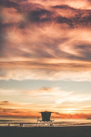 The Beach Tower. California Beach Sunset and the Lifeguard Tower. United States.の写真素材