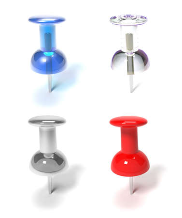 Set of Four Plastic Office Pins in Different Colors. Isolated on White.の写真素材