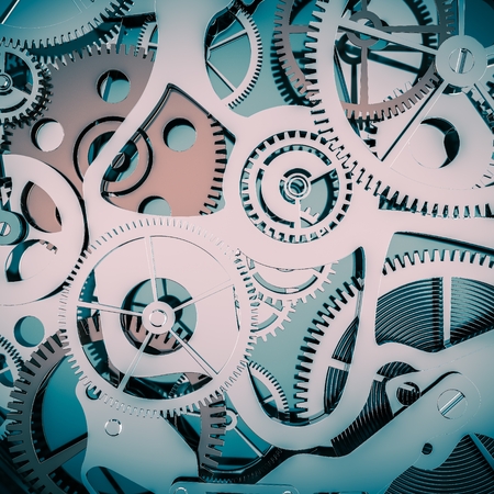 Shiny Metallic Clock Cogwheels Background 3D Illustration.の写真素材