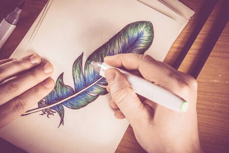 Colorful Feather Picture Drawing by the Artist. Drawing Theme.の写真素材