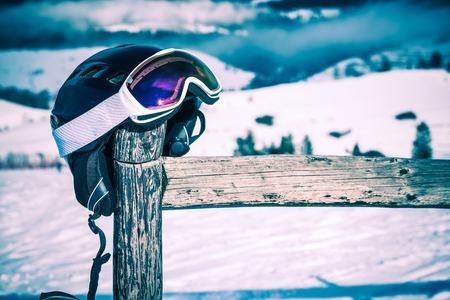 Ski Helmet and Goggles. Ski Equipment Concept Photo.の写真素材