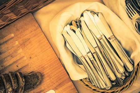 Clean Silverware in the Basket. Restaurant Silverware.の写真素材