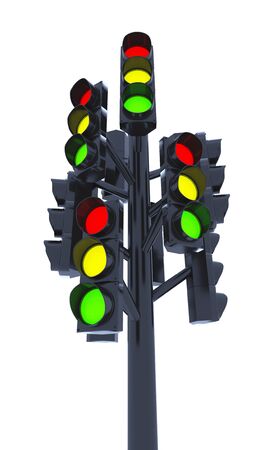 Many Traffic Lights on one pole isolated on white background.の写真素材