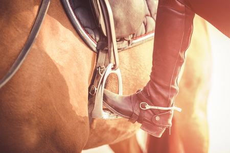 Getting on the brown horseの写真素材
