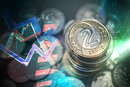 Polish Zloty Trading Concept. Polski Zloty Polish Currency Trading Illustration with Line Graphs.の写真素材