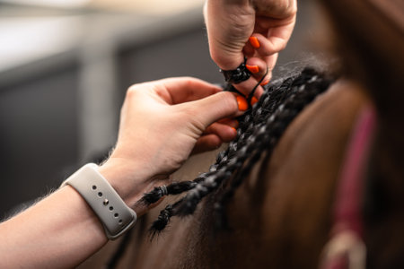 Closeup of Female Groom Hands Getting Horse Ready for a Show by Plaiting the Mane. Button Braids. Equestrian Show Life Theme.の写真素材