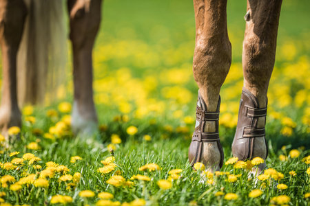 Closeup of Chestnut Horse Legs in Protective Boost Standing in Fresh Green Grass on the Meadow During Hacking Out. Summer Scenery.の写真素材