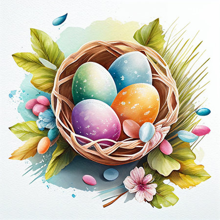 Easter colored eggs with colorful flowers. Watercolor styles. hand sketch. happy easter. Illustration Generative AIの素材