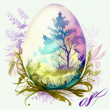 Easter egg with beautiful spring background and colorful flowers, watercolor illustration Generative AIの素材