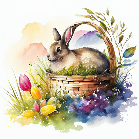 Easter bunny and basket with colorful flowers. Watercolor styles. hand sketch. happy easter. Illustration Generative AIの素材