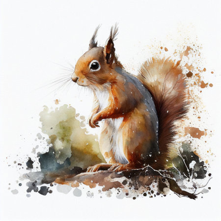 Drawing of Squirrel in watercolor style on white paper in natural scenery. Dripping paint. White background. Generative AI.の素材