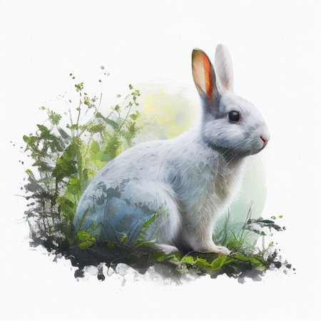 Drawing of Bunny in watercolor style on white paper in natural scenery. Dripping paint. White background. Generative AI.の素材