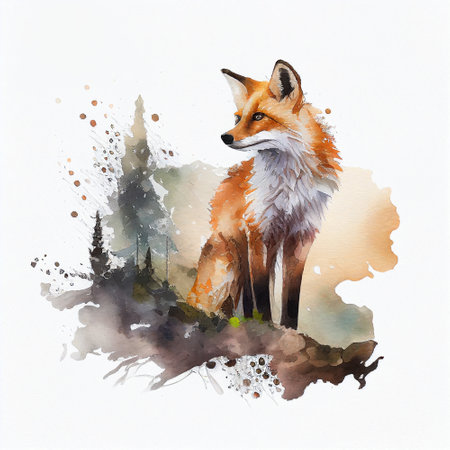 Drawing of Red Fox in watercolor style on white paper in natural scenery. Dripping paint. White background. Generative AI.の素材