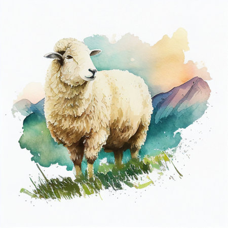 Drawing of Sheep in watercolor style on white paper in natural scenery. Dripping paint. White background. Generative AI.の素材