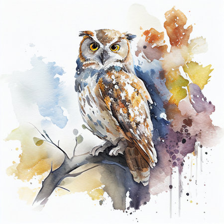 Drawing of Owl in watercolor style on white paper in natural scenery. Dripping paint. White background. Generative AI.の素材