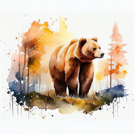 Drawing of Bear in watercolor style on white paper in natural scenery. Dripping paint. White background. Generative AI.の素材