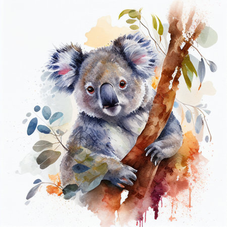 Drawing of Koala Bear in watercolor style on white paper in natural scenery. Dripping paint. White background. Generative AI.の素材