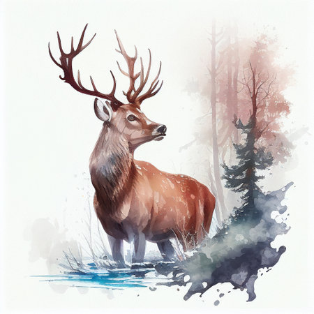 Drawing of Male Deer in watercolor style on white paper in natural scenery. Dripping paint. White background. Generative AI.の素材