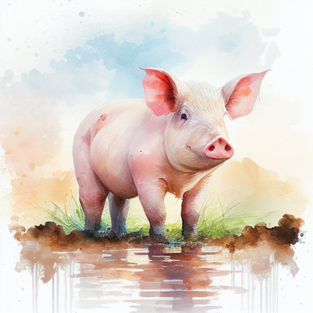 Drawing of Pig in watercolor style on white paper in natural scenery. Dripping paint. White background. Generative AI.の素材