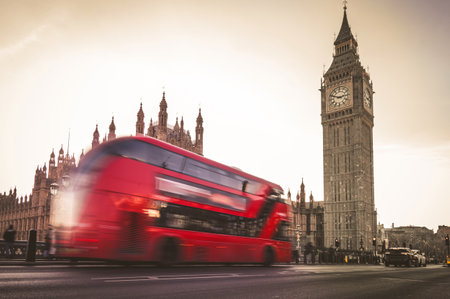 Long Exposure of Big Ben and Red Double Decker bus. Westminster Bridge. Classic London photo wallpaper.の写真素材