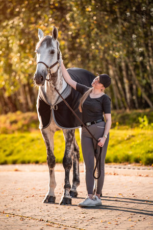 Female equestrian horse rider patting her gray horse.の写真素材