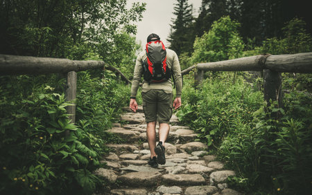 Lonely male traveler walking on a path in the forest. Professional trekking clothes. cloudy day. Green mountain forest in the background.の写真素材