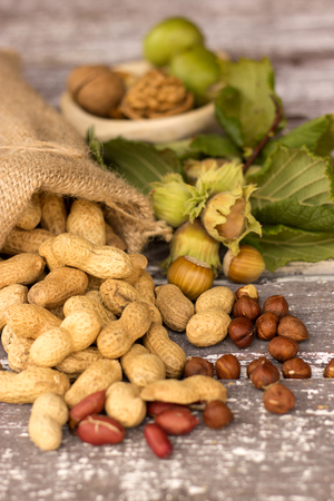 the various nuts in jute sackの写真素材