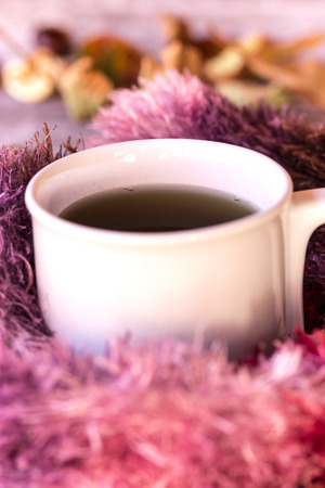 Cup of tea with autumn leavesの写真素材