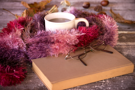 Hot tea, vintage book, glasses and autumn leaves on wood background - relax or retirement conceptの写真素材