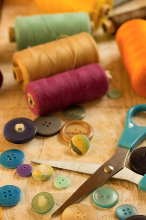 sewing tools on a vintage backgroundの写真素材