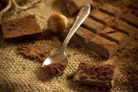 Closeup of Cocoa Powder and Chocolateの写真素材