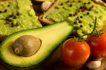 Guacamole sandwich with fresh avocado fruitの写真素材