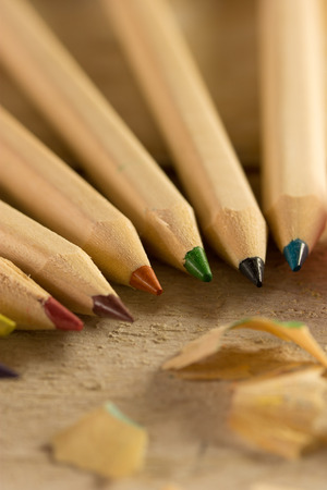 pencil background,colorful blank pencils on a wooden tableの写真素材