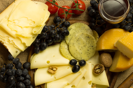 Various types of cheese on canvas close upの写真素材