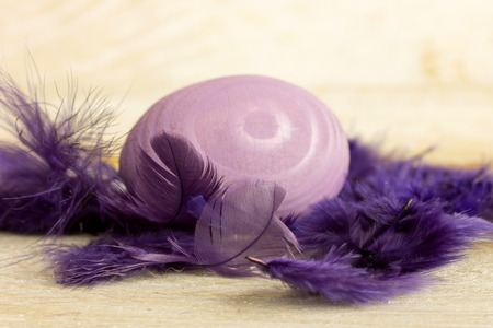 easter egg and colored feathers on a wooden tableの写真素材