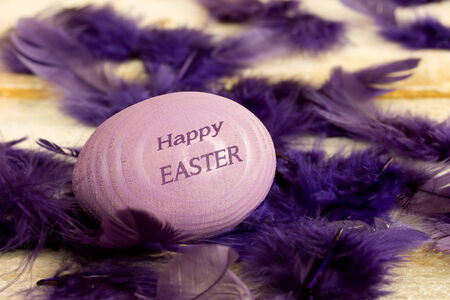 purple feathers and easter egg with the text ''happy easter''