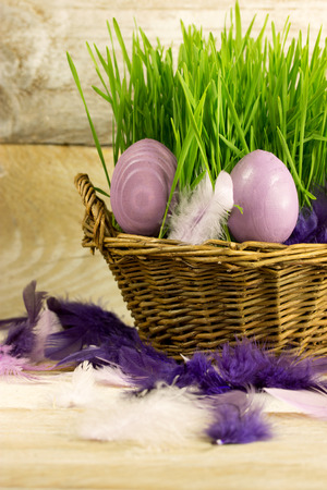 two easter egg on a basket, beautiful greeting cardの写真素材