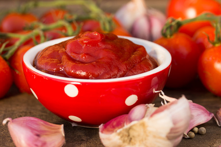 bowl of ketchup or tomato sauce and fresh tomatoesの写真素材