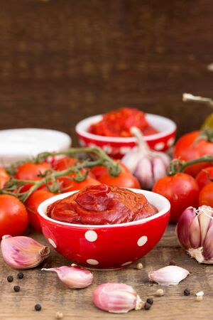 bowl of ketchup or tomato sauce and fresh tomatoesの写真素材