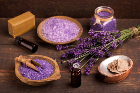 lavender flower with bathsalts and essenceの写真素材