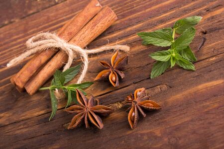 Sticks of cinnamon,mint  and anise starsの写真素材