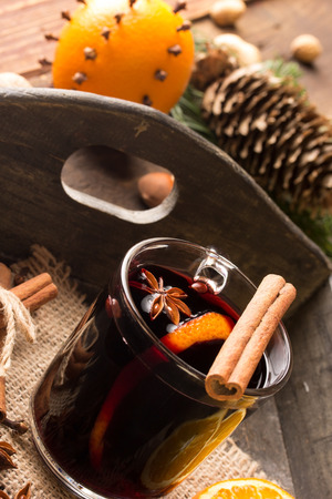 glass of mulled wine in rustic styleの写真素材