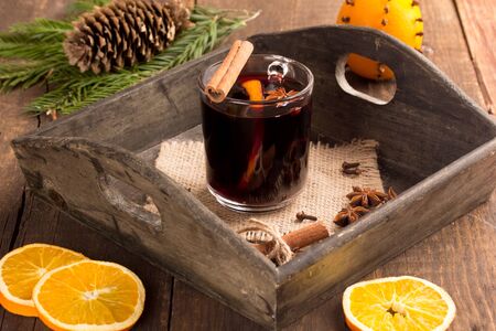 a glass of mulled wine in rustic styleの写真素材