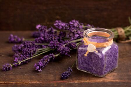 lavender bath salt and lavender flowerの写真素材