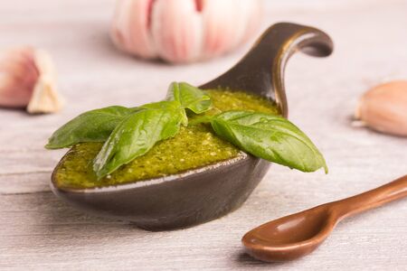 close up of pesto sauce with basil and garlicの写真素材