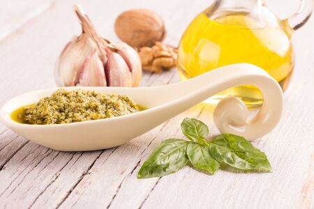 pesto sauce with basil leaf and garlicの写真素材